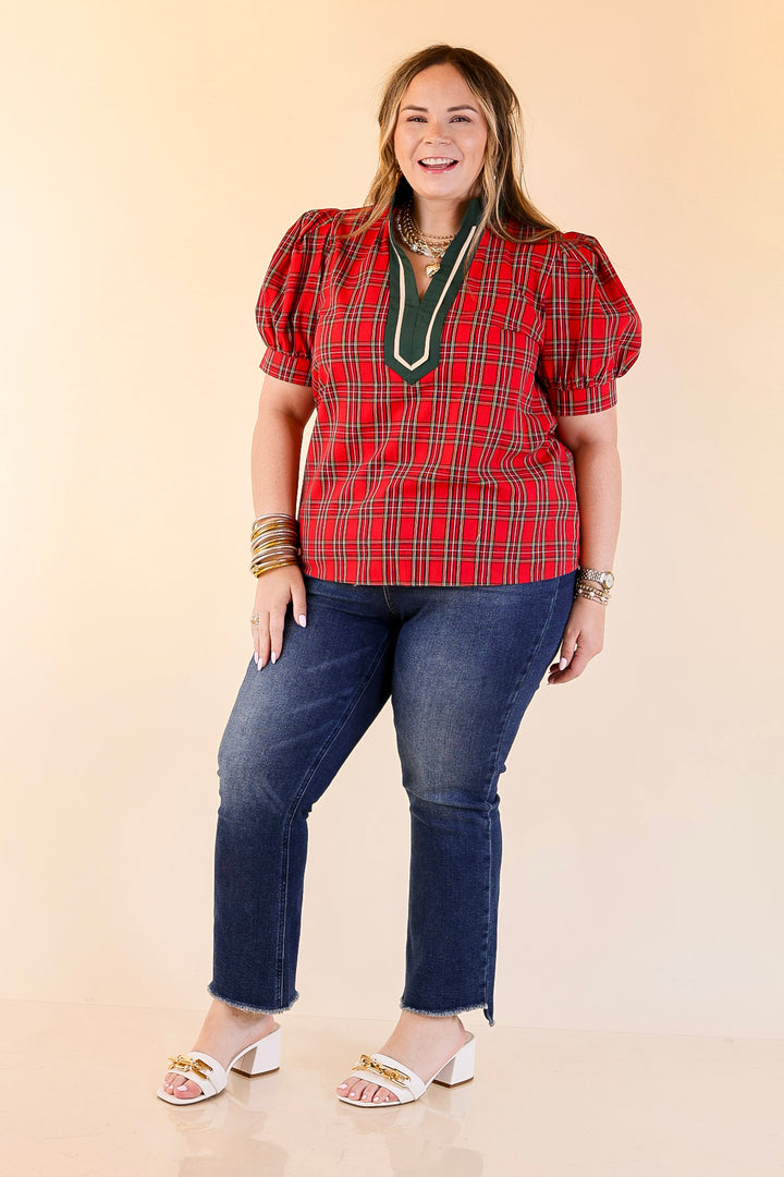 Chic Statement V Neck Plaid Top with Short Balloon Sleeves and Green Trim in Red