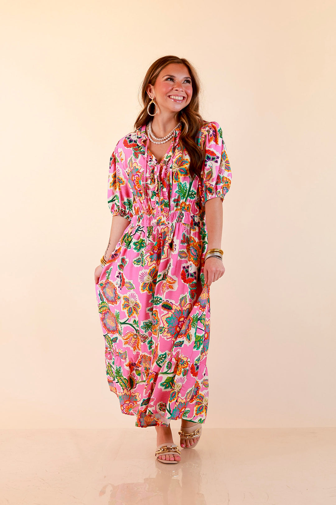 Color Me Happy Floral Print Midi Dress with Tie Neckline and Puff Sleeves in Pink
