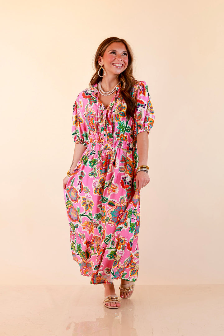 Color Me Happy Floral Print Midi Dress with Tie Neckline and Puff Sleeves in Pink