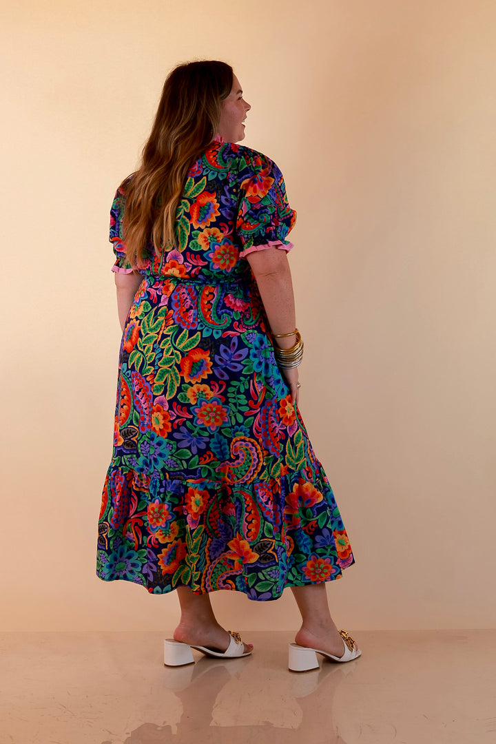 Gracefully Yours Floral and Paisley Print Midi Dress with Contrast Ruffle Trim in Navy Blue