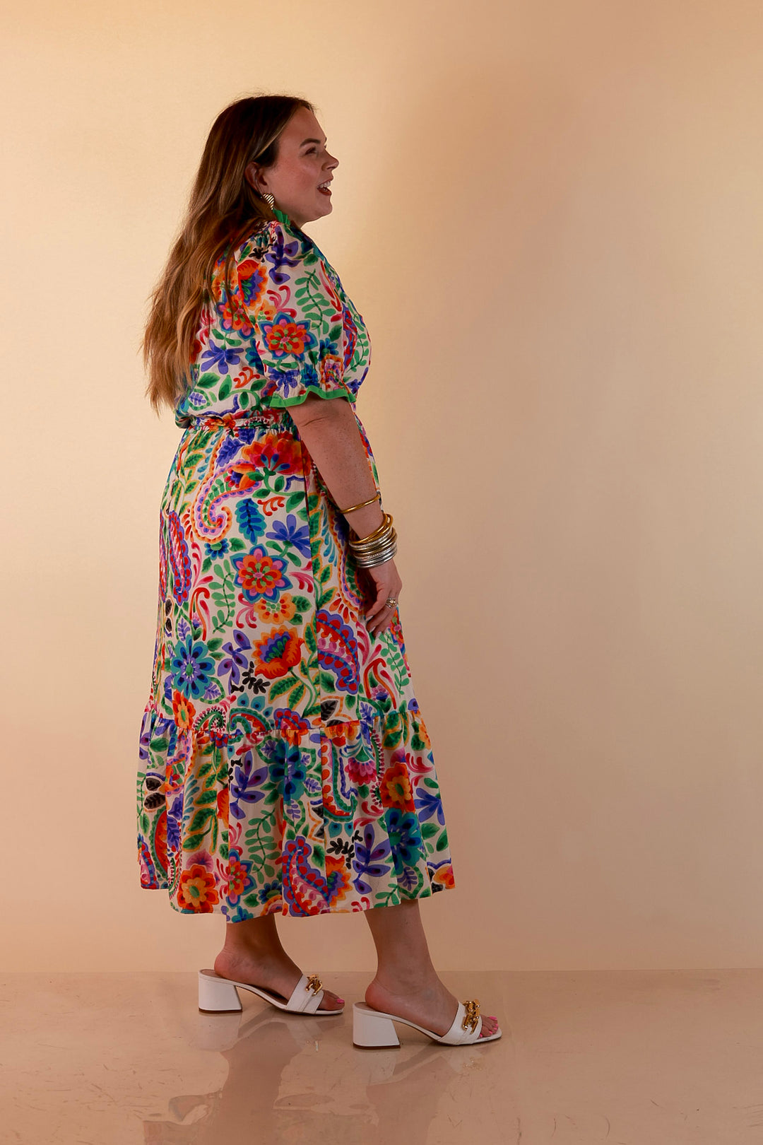 Gracefully Yours Floral and Paisley Print Midi Dress with Contrast Ruffle Trim in Ivory