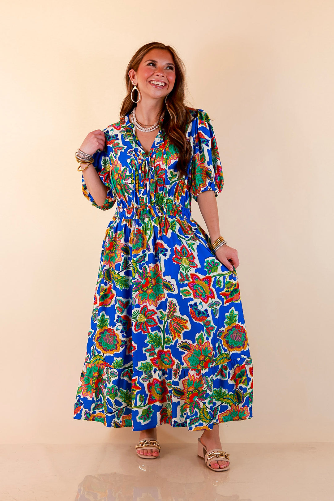 Color Me Happy Floral Print Midi Dress with Tie Neckline and Puff Sleeves in Royal Blue