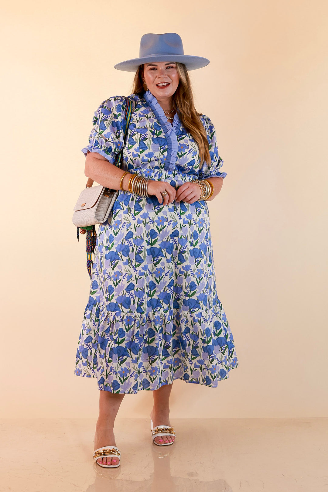 Gracefully Yours Floral Print Midi Dress with Contrast Ruffle Trim in Blue