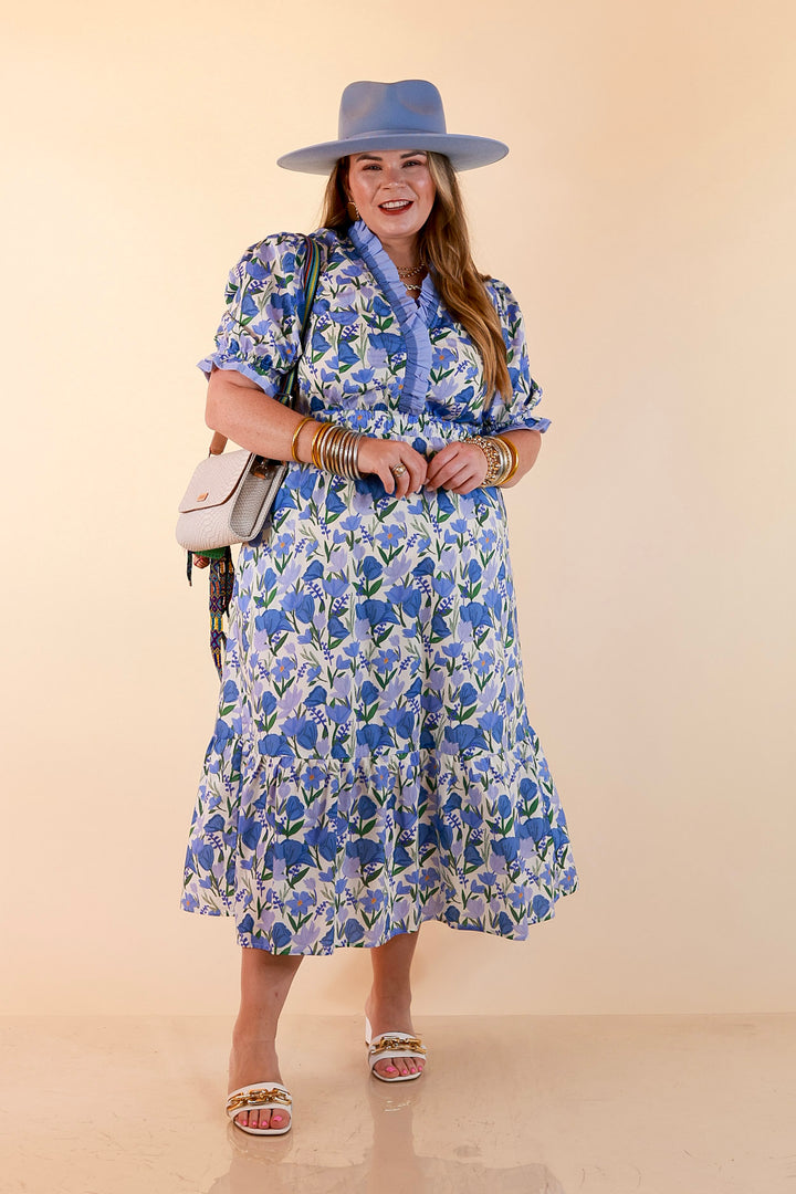 Gracefully Yours Floral Print Midi Dress with Contrast Ruffle Trim in Blue