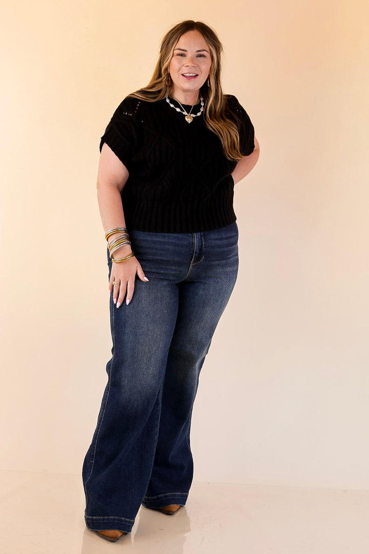 Knit to Last Cable Knit Short Sleeve Sweater Top in Black