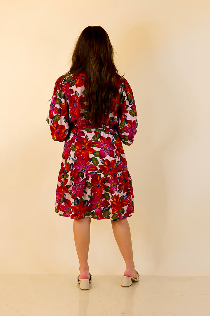 Color Me Confident Floral Print Button Front Contrast Trim Dress in Ivory, Plum and Emerald Green