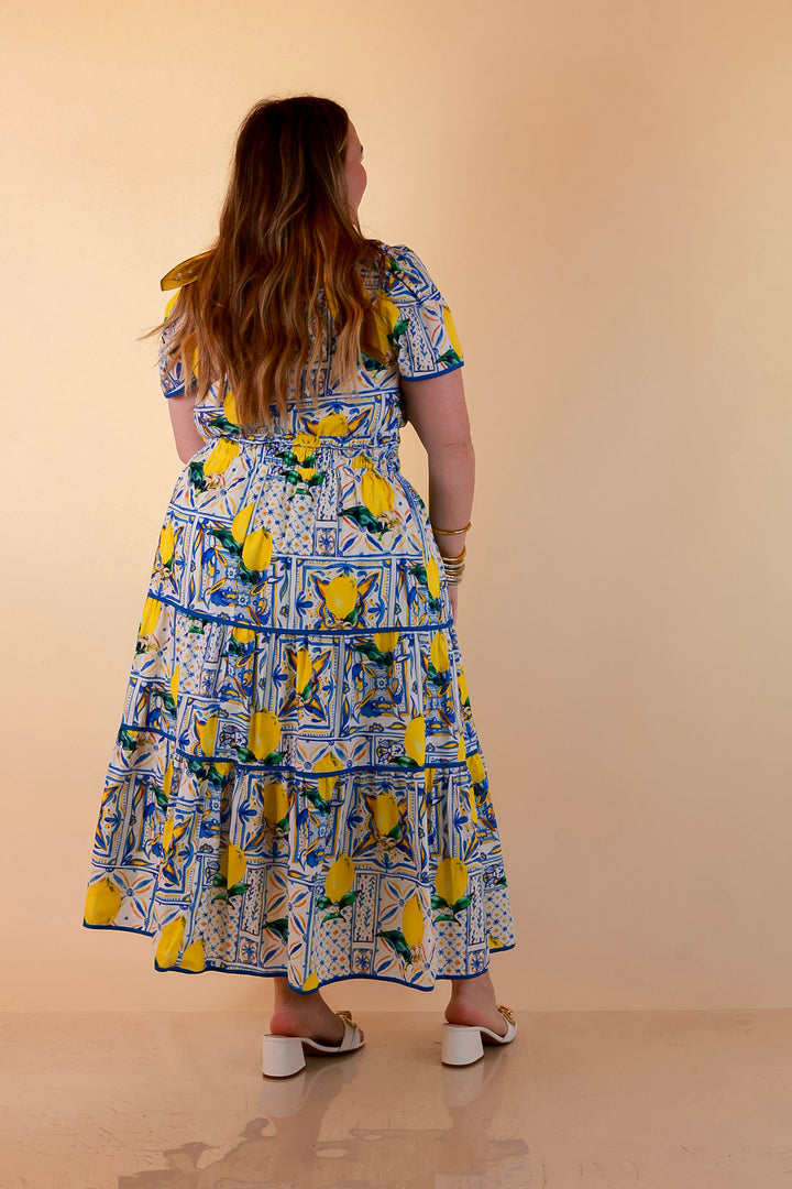 Villa Views Lemon and Tile Abstract Print Tiered Midi Dress in Blue and Yellow