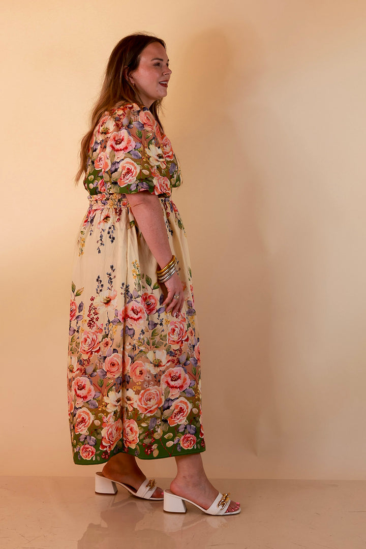 Brunch with the Girls Puff Sleeve Smocked Waist Floral Print Tiered Midi Dress in Ivory and Olive Green Multi