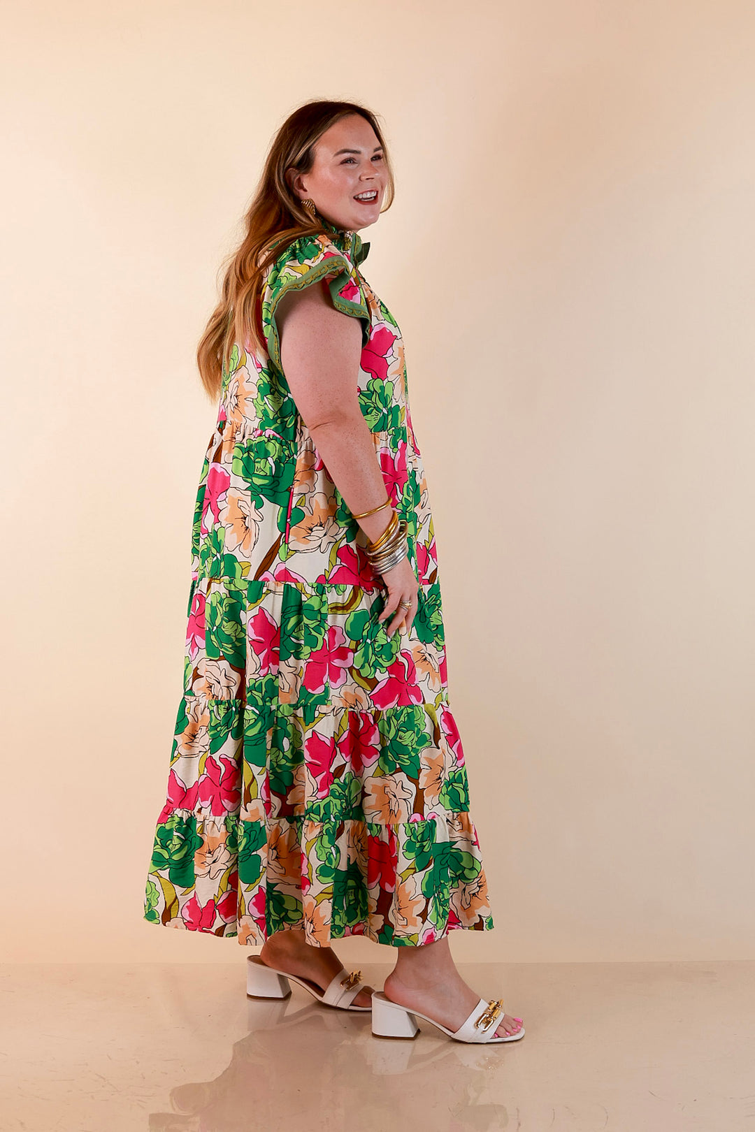 Spring Symphony Floral Print Tiered Midi Dress with Flutter Sleeves in Pink and Green