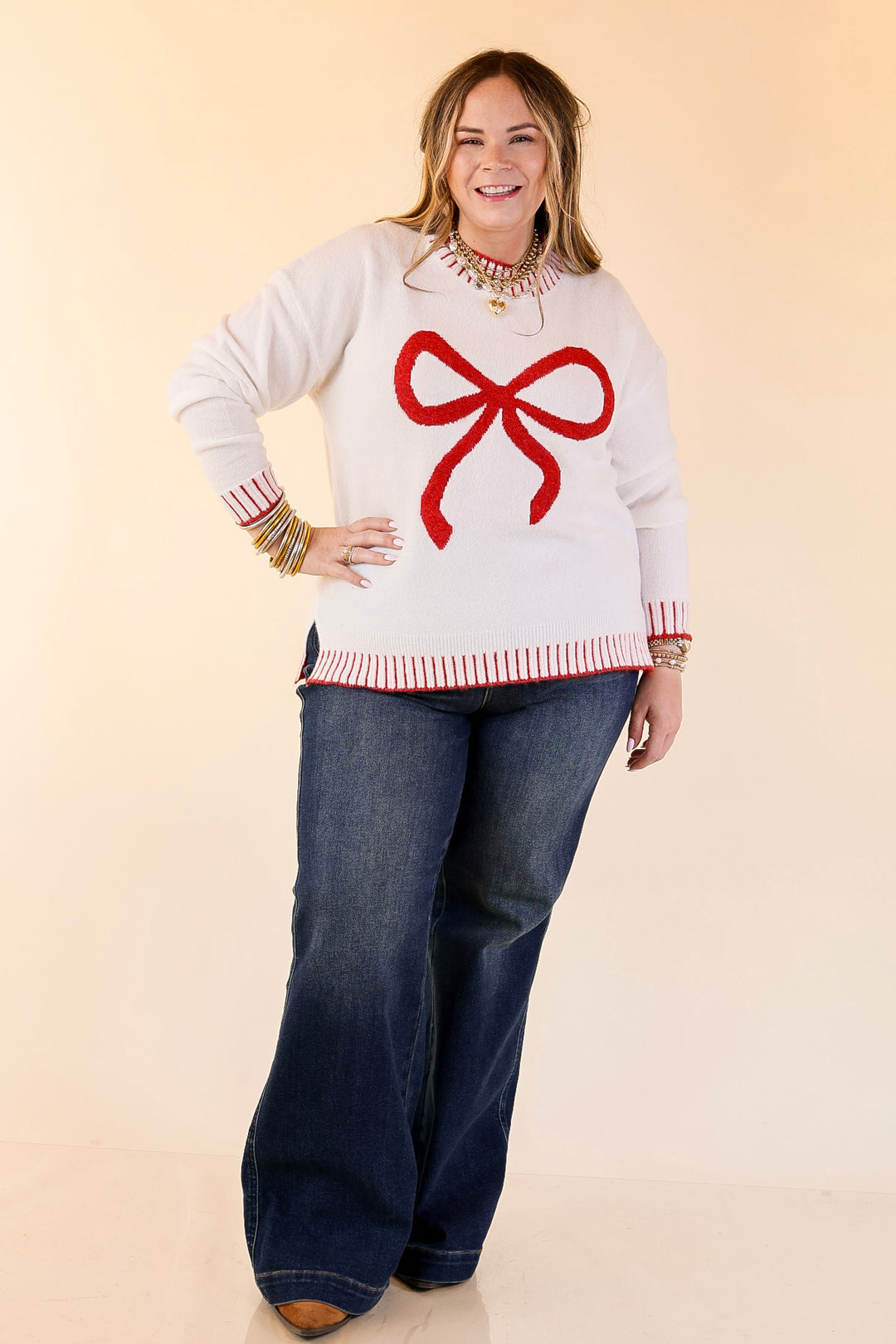 Mud Pie | Wilder Red Bow Mock Neck Sweater in Ivory