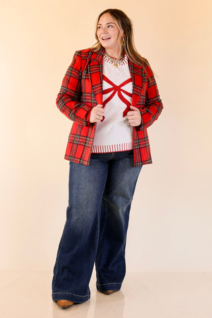 Season to Shine Long Sleeve Tartan Plaid Blazer in Red