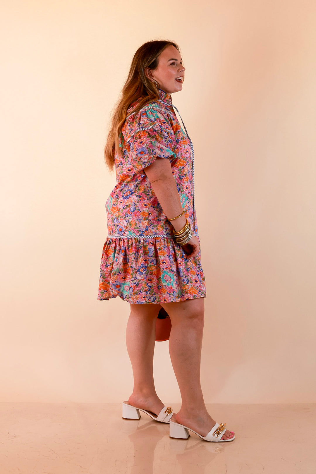 Darling Detail Floral Print Drop Waist Mini Dress with Contrast Trim in Pink Multi