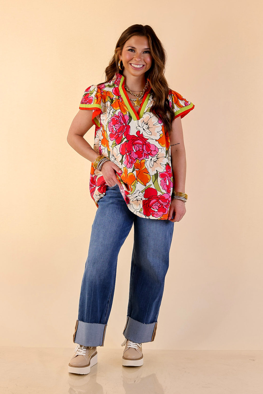 Spring Symphony Floral Print Flutter Sleeve Top with Contrast Trim Split Neckline in Pink and Orange