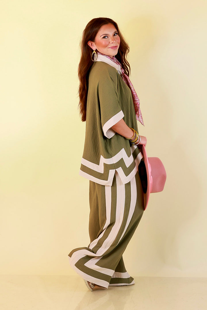 First Class Chic Button Front Collared Top with Matching Wide Leg Pants Set in Olive Green and Ivory