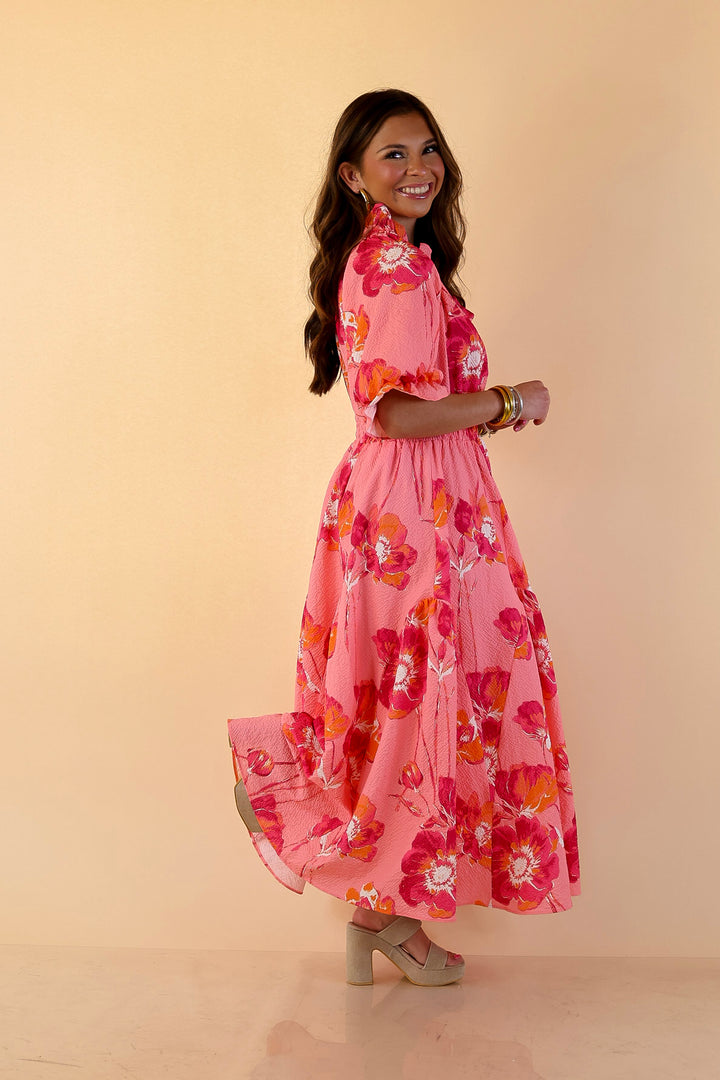 Breezy Belle Floral Print Textured Puff Sleeve Midi Dress with Smocked Waist in Pink Mix