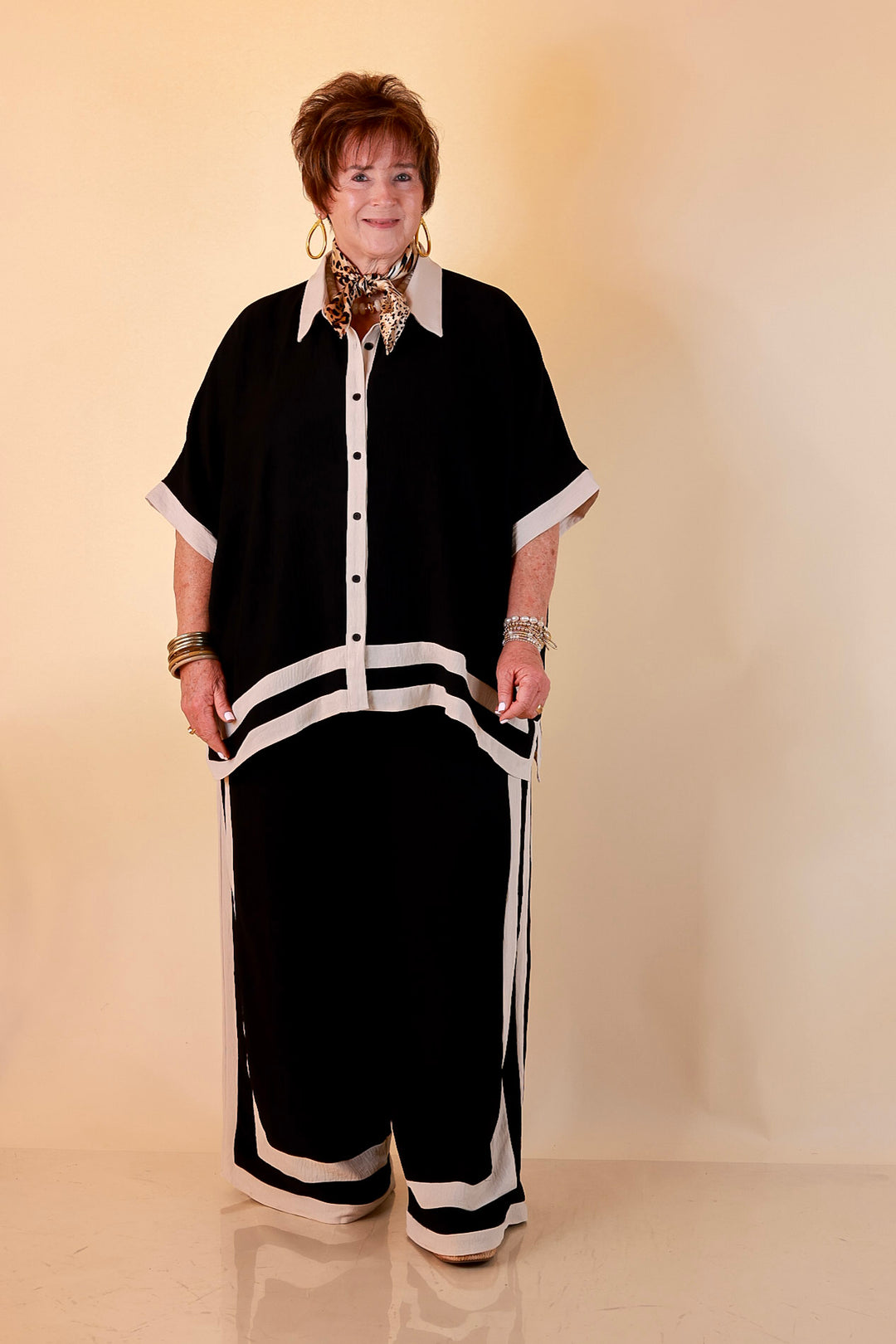 First Class Chic Button Front Collared Top with Matching Wide Leg Pants Set in Black and Ivory