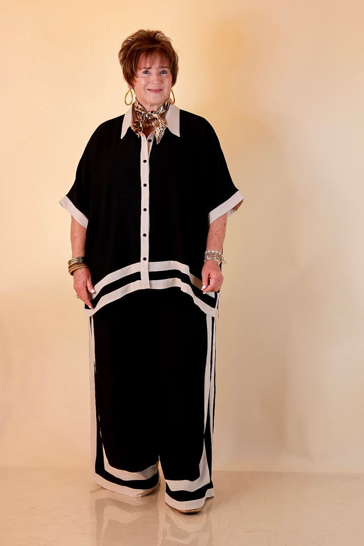 First Class Chic Button Front Collared Top with Matching Wide Leg Pants Set in Black and Ivory
