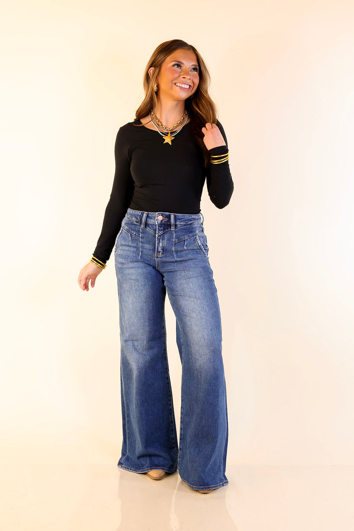 Risen | Rocky Mountain Retreat 90's Inspired Wide Leg Front Yoke Seam Detail Jeans in Dark Wash