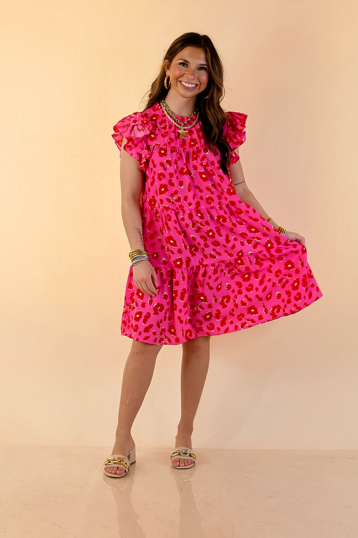 Daring and Delightful Leopard Print Dress with Ruffle Cap Sleeves in Pink and Red