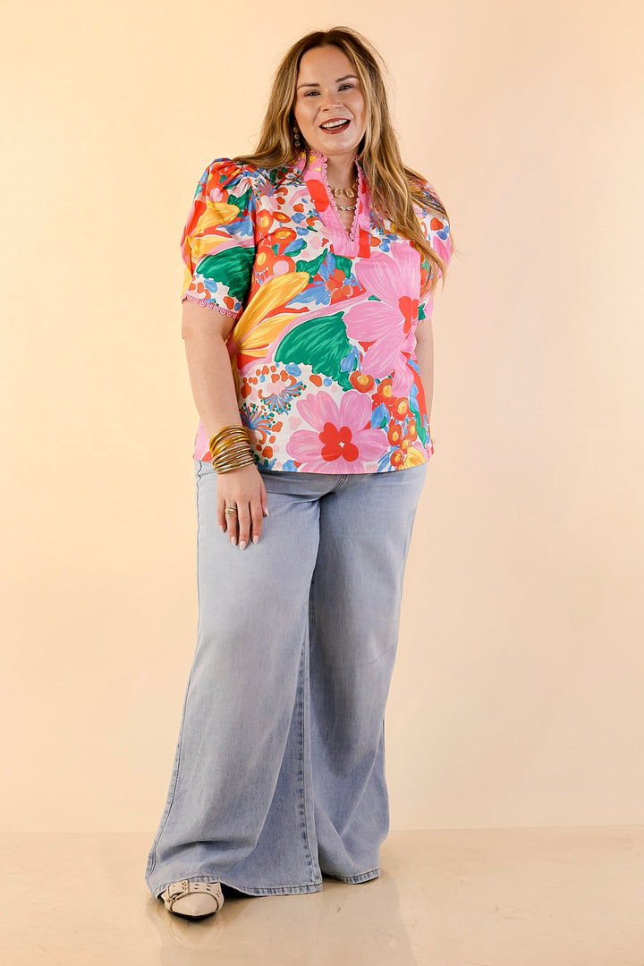 Spring Awakening Floral Print Puff Sleeve Top with Split Neckline in Pink Multi