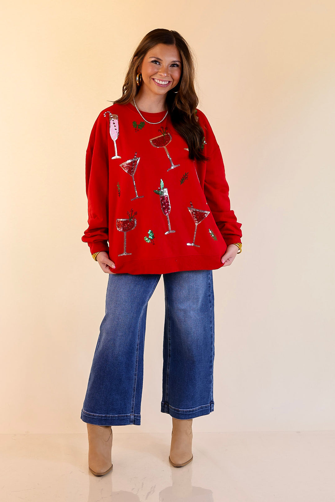 Mud Pie | Season's Sippings Oversized Sequin Cocktail Graphic Sweatshirt in Red