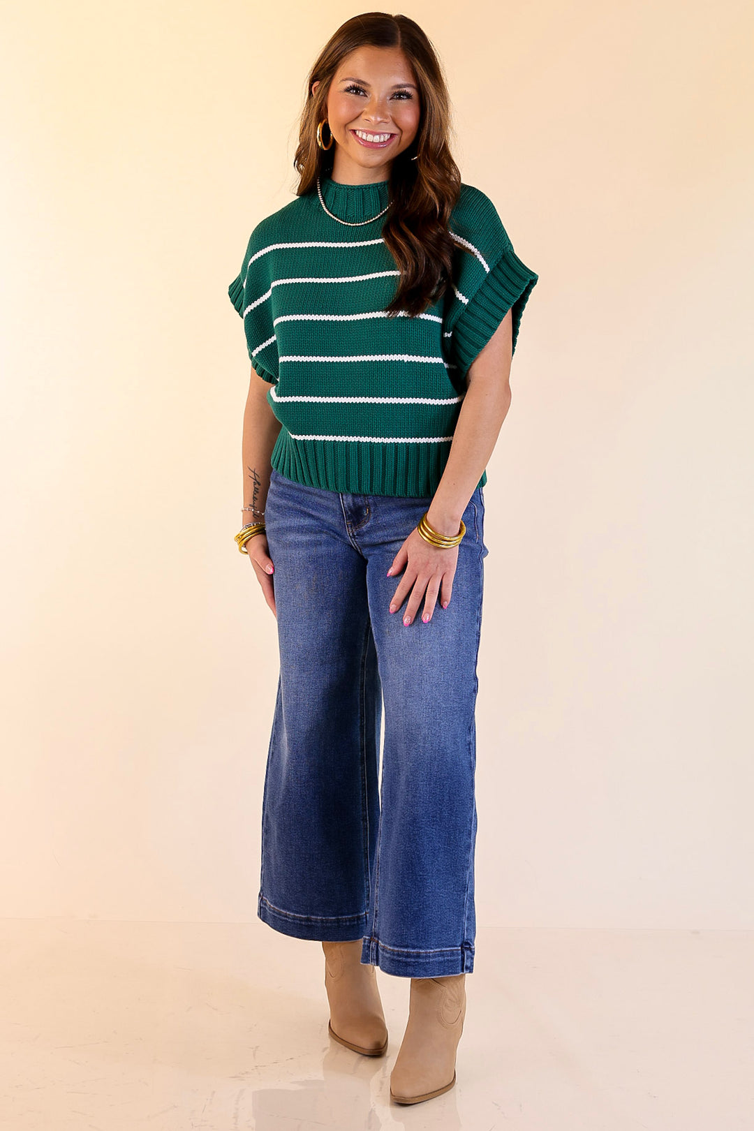 Sweet in Stripes Short Sleeve Striped Mock Neck Sweater in Forest Green