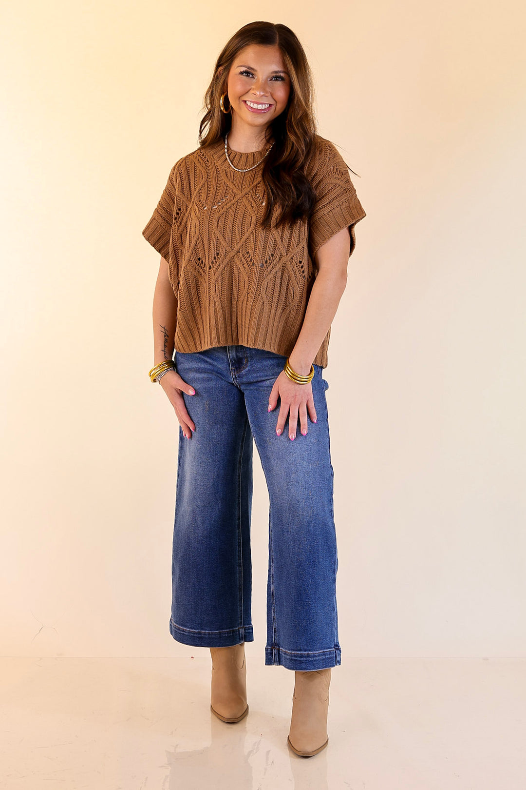 Knit to Last Cable Knit Short Sleeve Sweater Top in Camel Brown