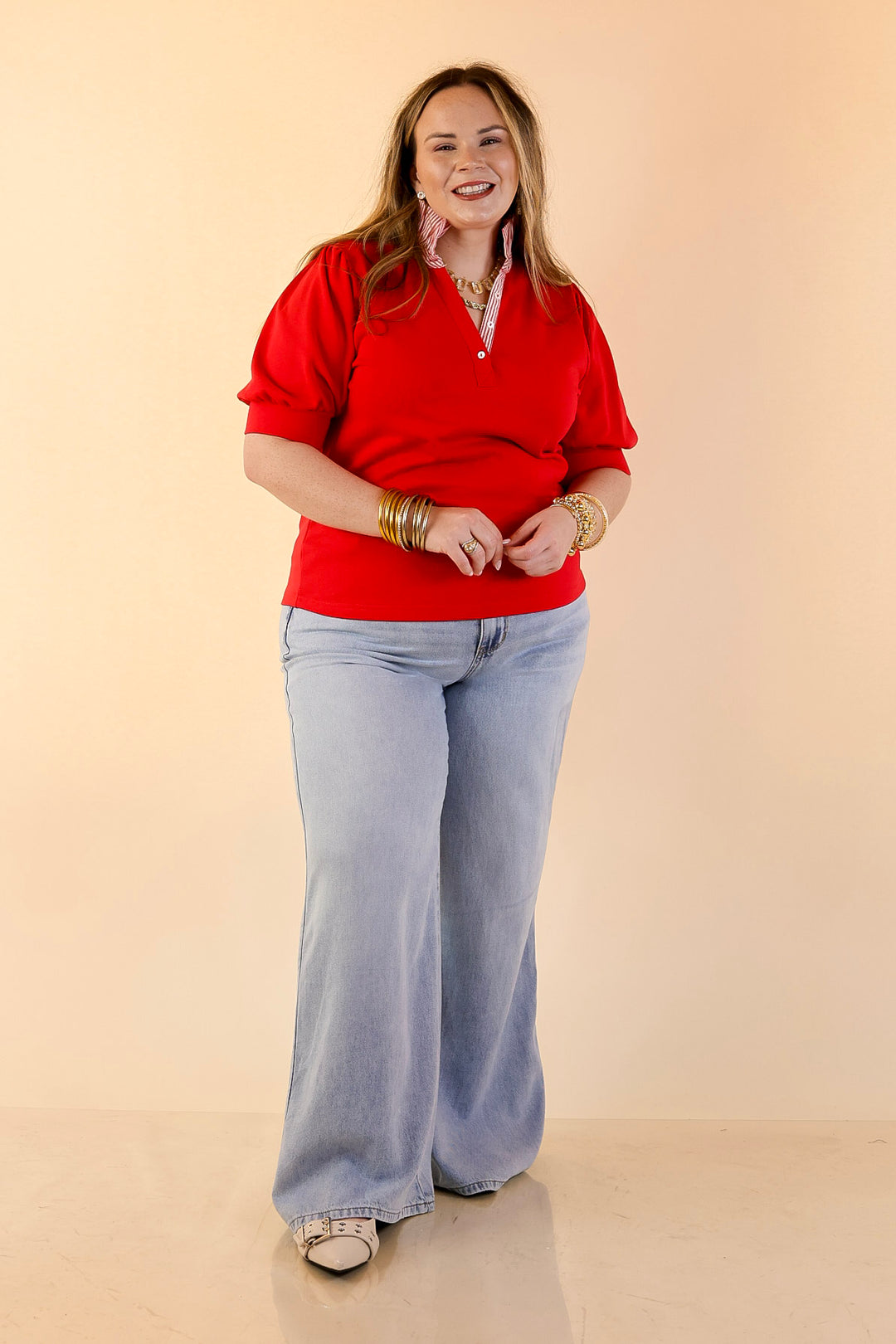 Sleek Sophistication Short Puff Sleeve Top with Striped Collar in Red