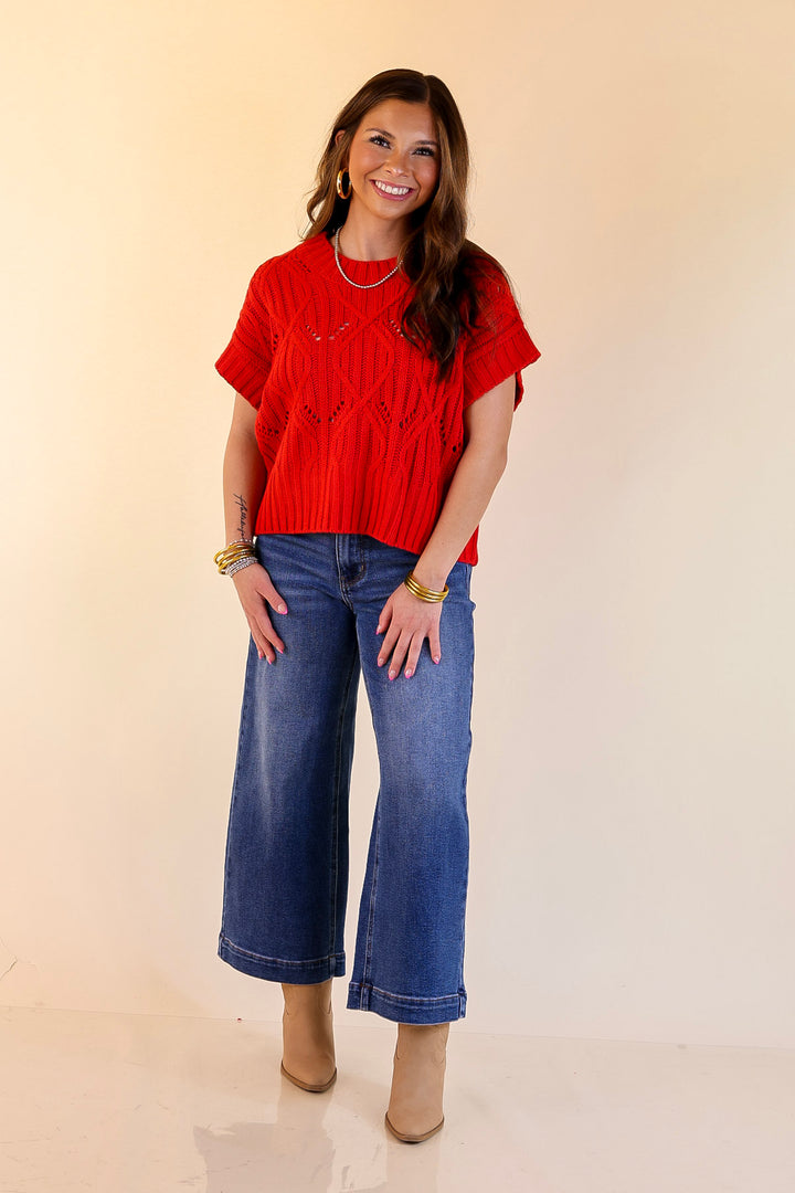 Knit to Last Cable Knit Short Sleeve Sweater Top in Red