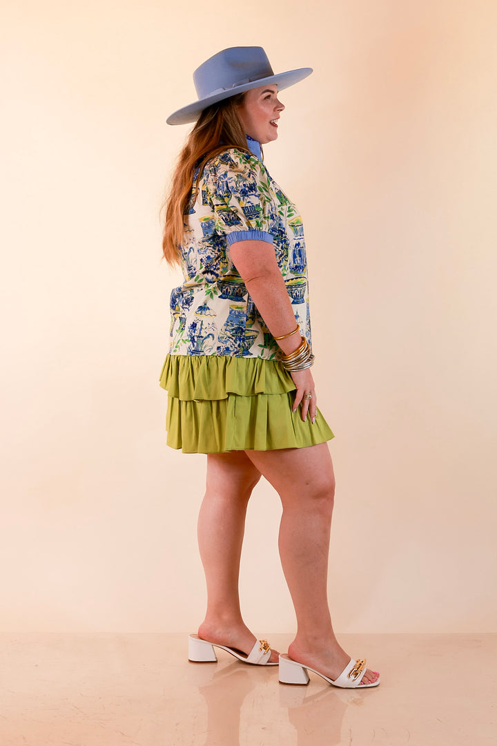Coast is Clear Vase Print Contrast Trim Top with Puff Sleeves in Blue Multi