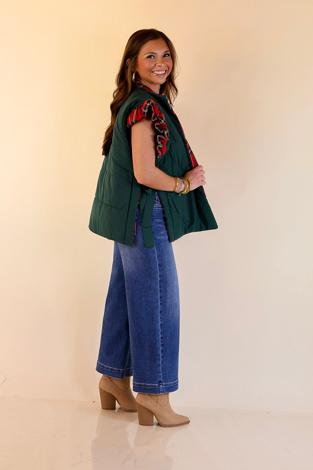 Mud Pie | Jefferies Quilted Plaid Reversible Vest with Ruffle Cap Sleeves and Bow Side Closure in Red