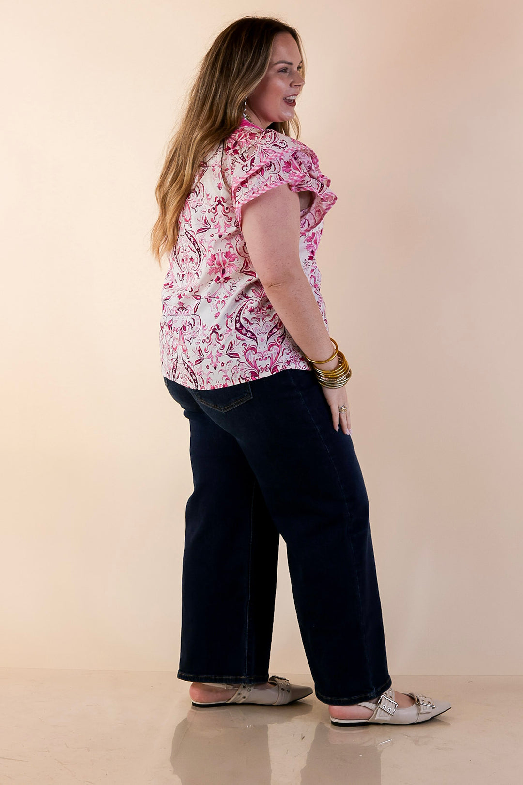 Sassy Sophistication Paisley Print Button Down Flutter Sleeve Top in Pink and White