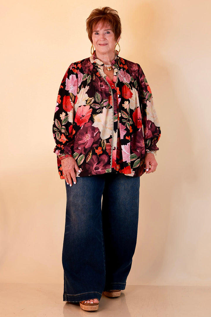 Pick of the Bunch Smocked Shoulder Button Front Floral Print Blouse in Black Multi