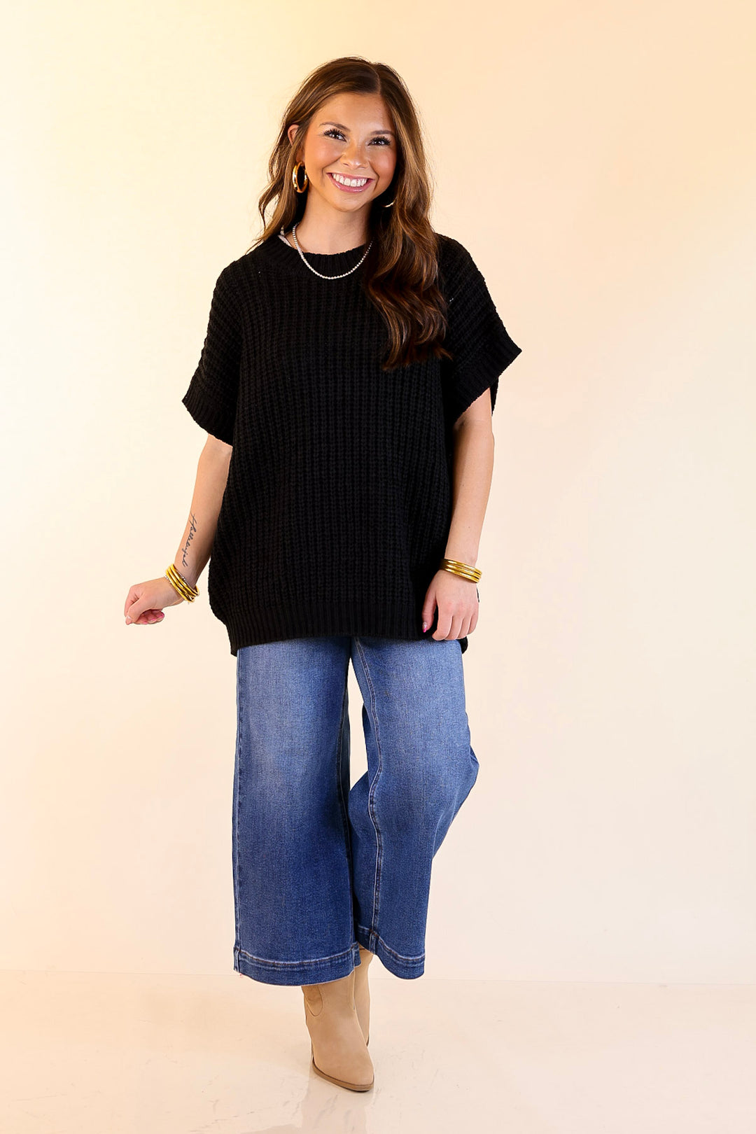 Tried and True Short Sleeve Oversized Knit Sweater in Black