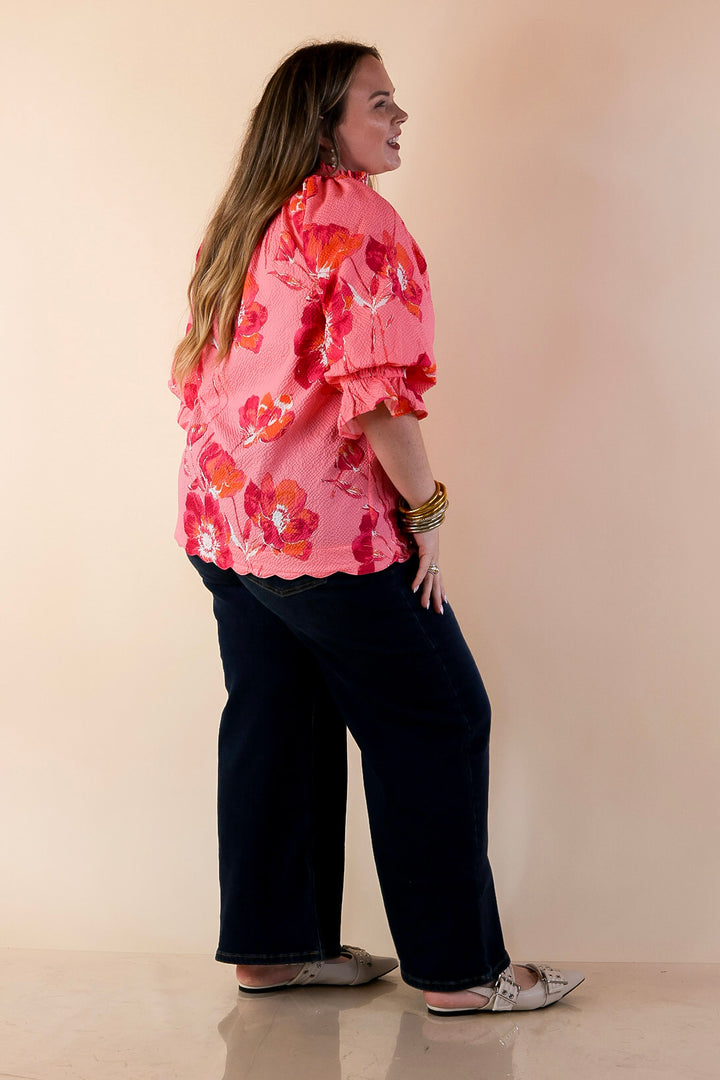 Petal Perfect Floral Print Textured Puff Sleeve Top with Ruffle Split Neckline in Pink Mix