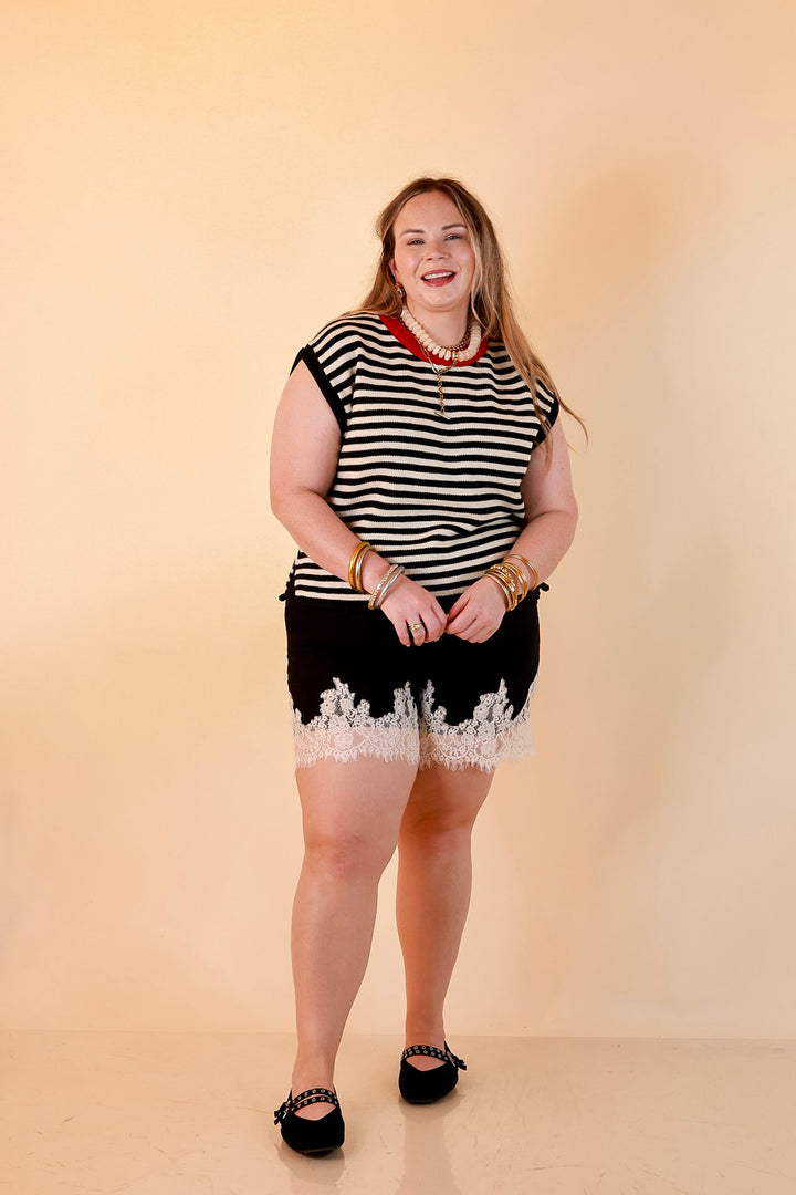 Pretty Little Something Solid Drawstring Shorts with Lace Trim in Black