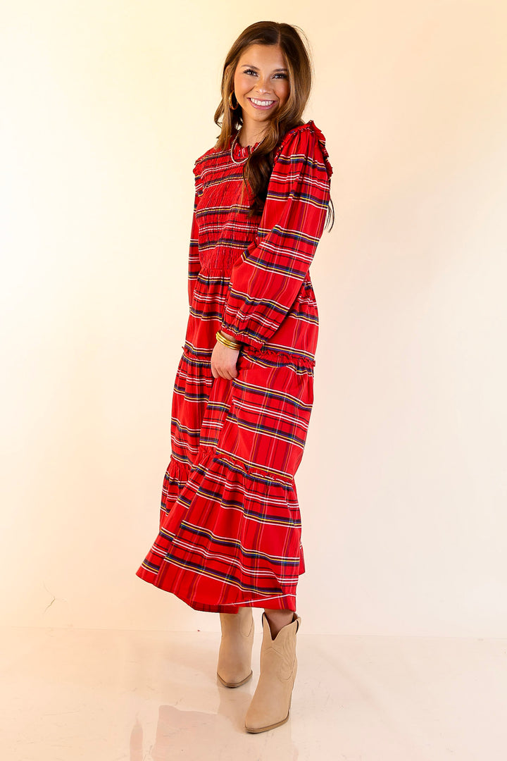 Mud Pie | Walton Smocked Bodice Long Sleeve Plaid Midi Dress with Tiered Skirt in Red