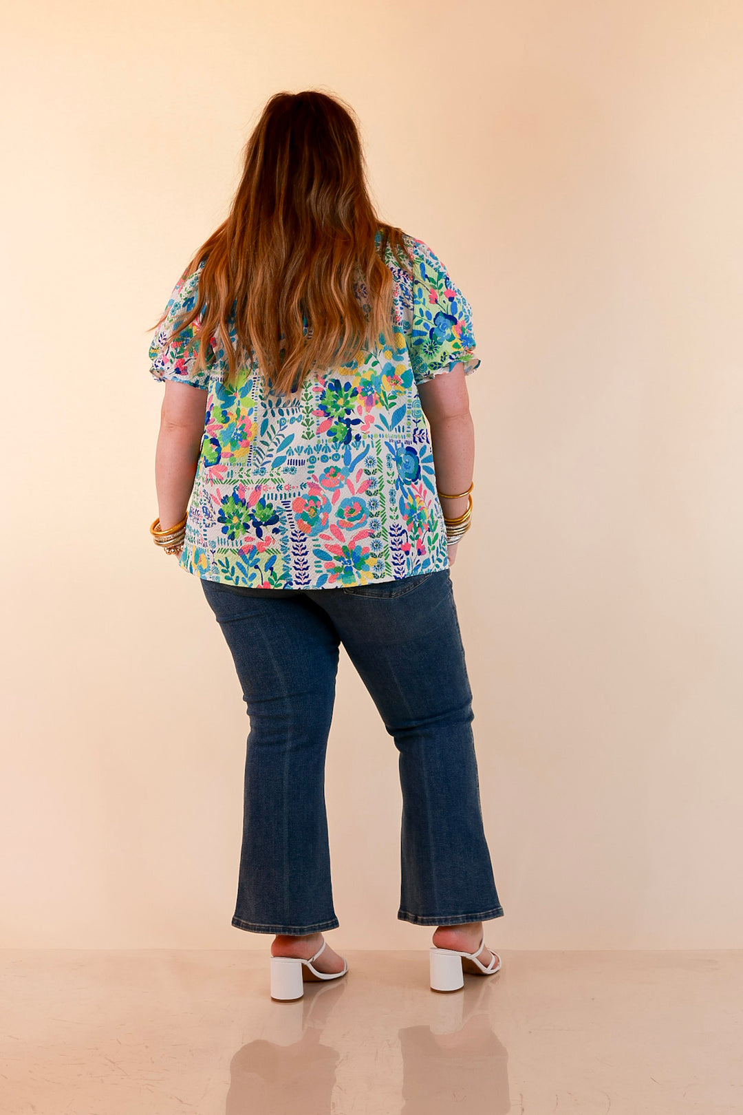 Living in Color Watercolor Floral Print Textured Top with Puff Sleeves in Ivory