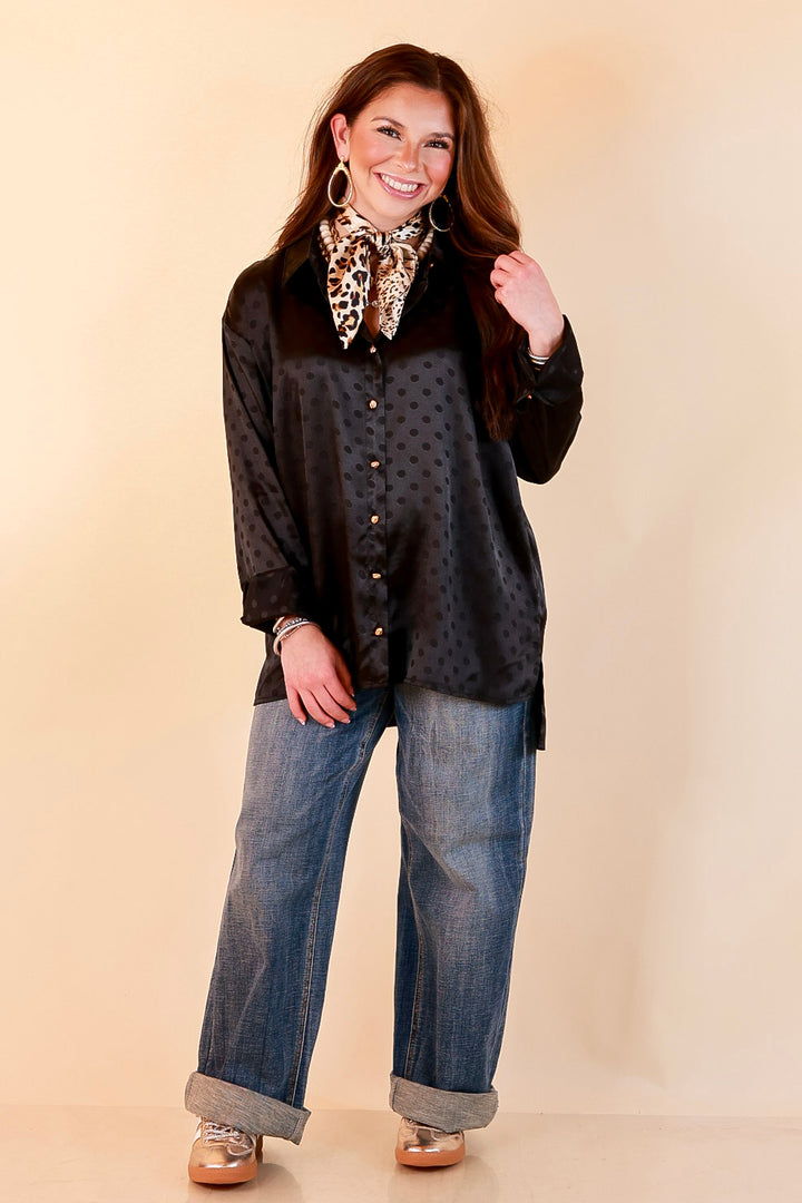 Polished Point of View Satin Collared Polka Dot Button Down Blouse with Gold Buttons in Black