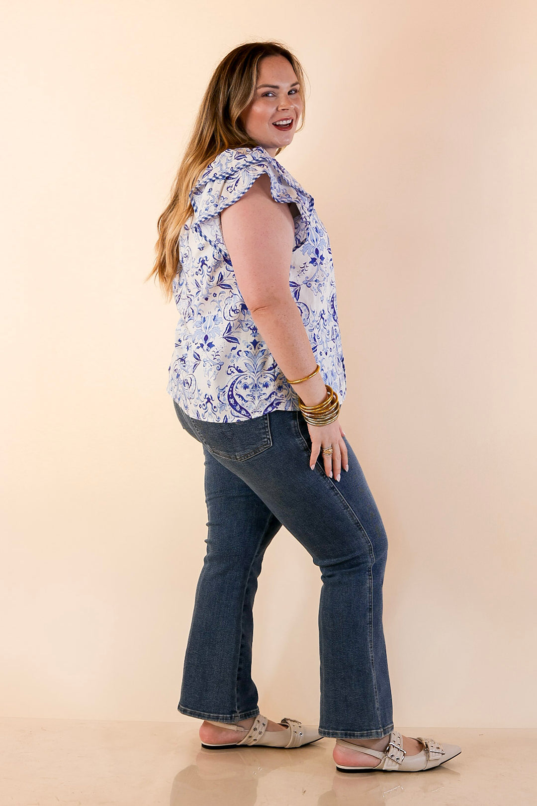 Sassy Sophistication Paisley Print Button Down Flutter Sleeve Top in Blue and White