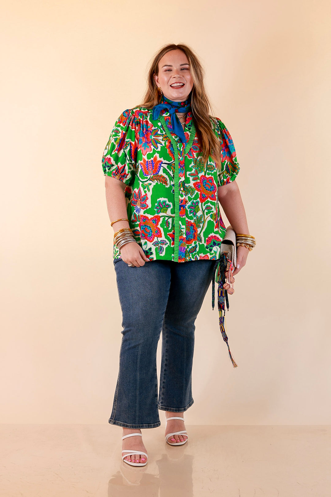 Petal Pop Floral Print Ruffle Front Button Up Top with Puff Sleeves in Green