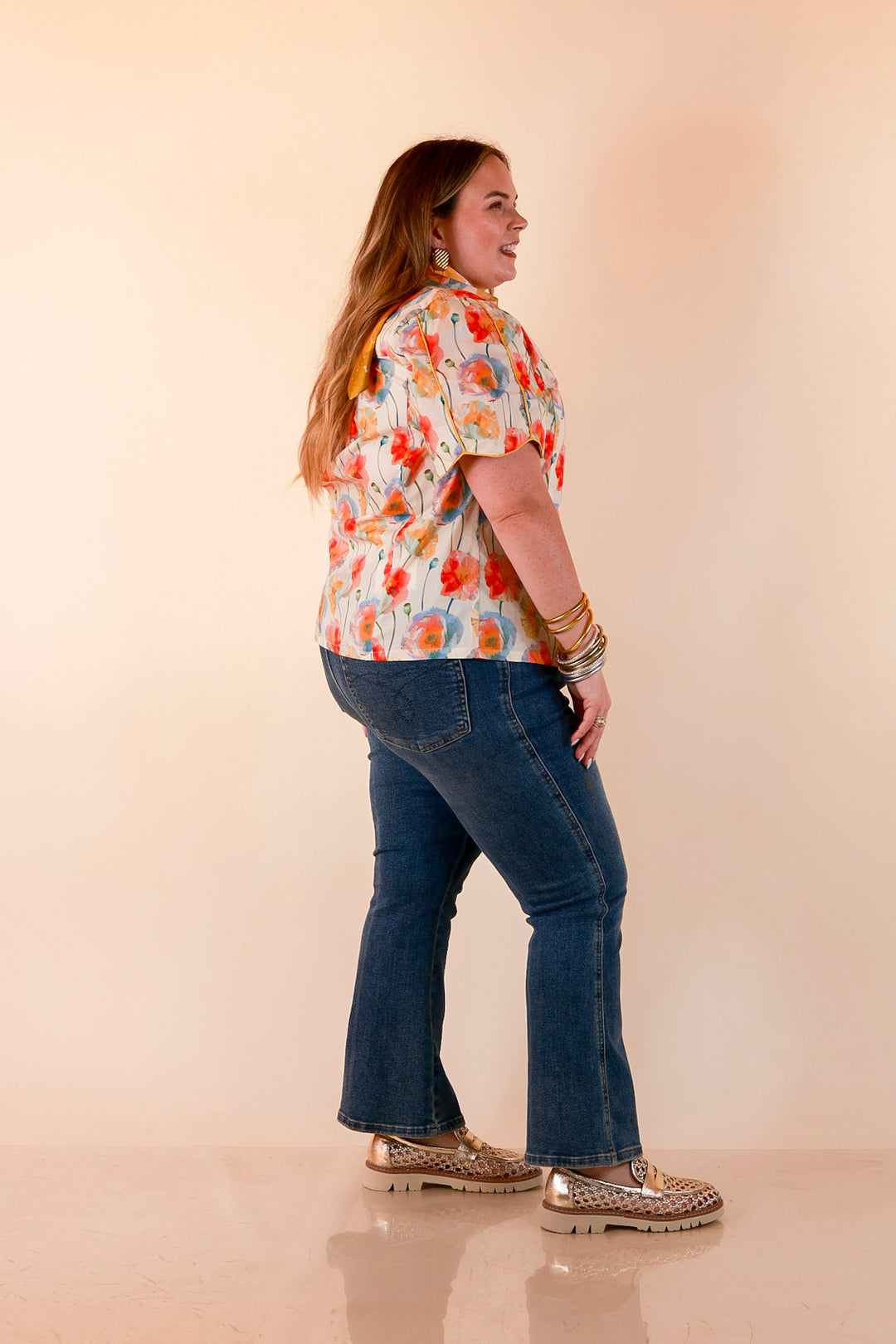 Petals and Plans Poppy Floral Print Button Up Collar Blouse in Cream