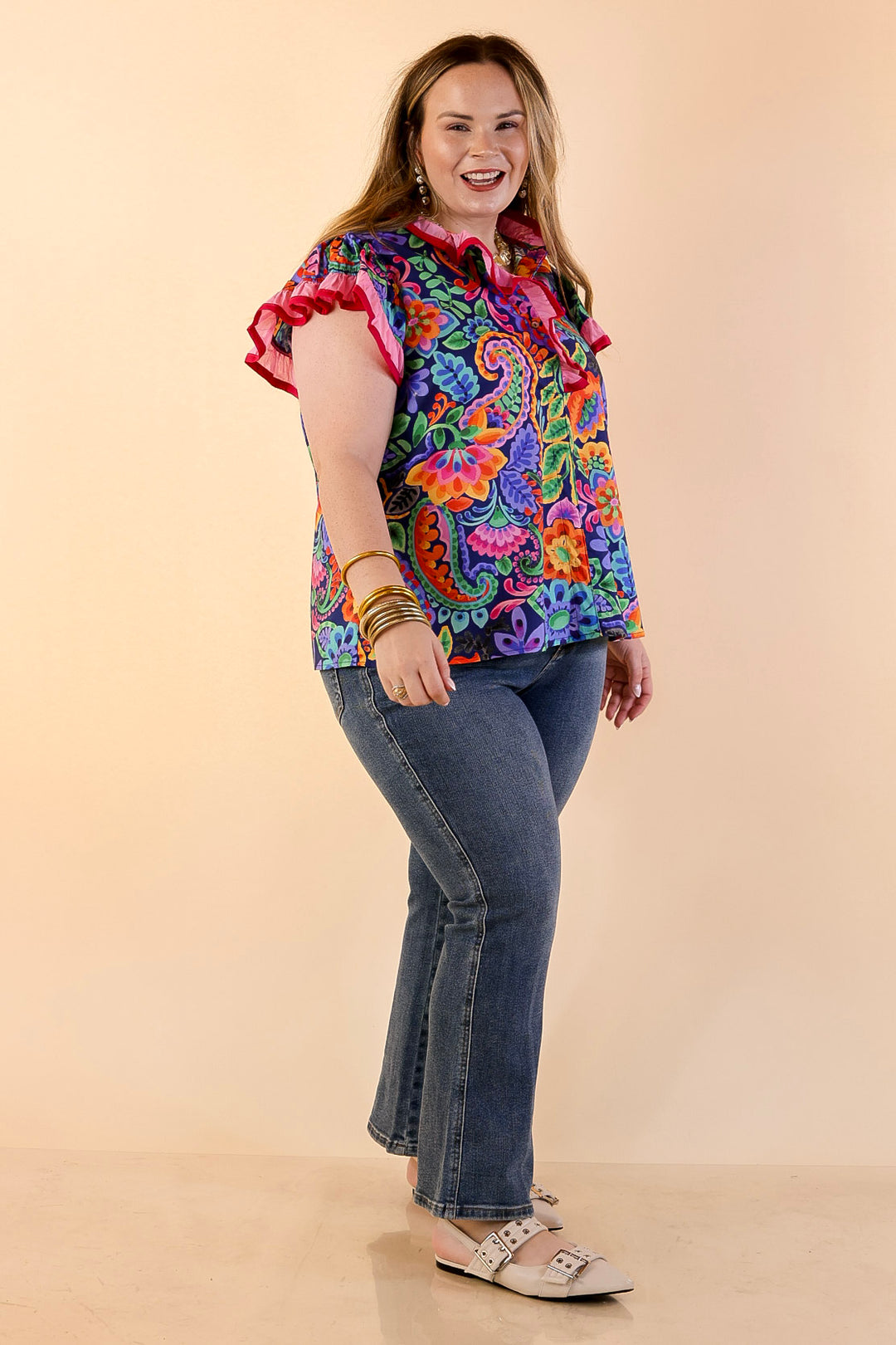 Flourish and Flow Paisley Floral Print Ruffle Flutter Sleeve Top with Split Neckline in Navy Blue