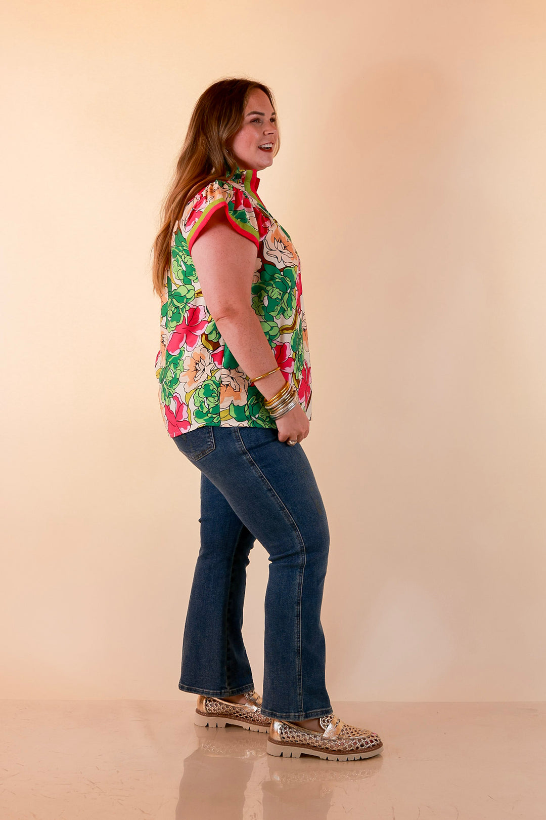 Spring Symphony Floral Print Flutter Sleeve Top with Contrast Trim Split Neckline in Pink and Green