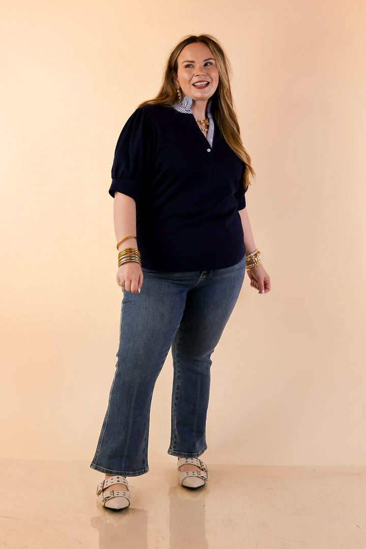 Sleek Sophistication Short Puff Sleeve Top with Striped Collar in Navy Blue