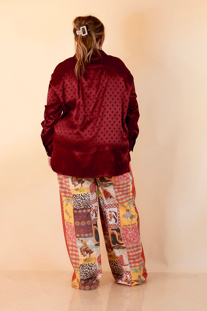 Polished Point of View Satin Collared Polka Dot Button Down Blouse with Gold Buttons in Maroon