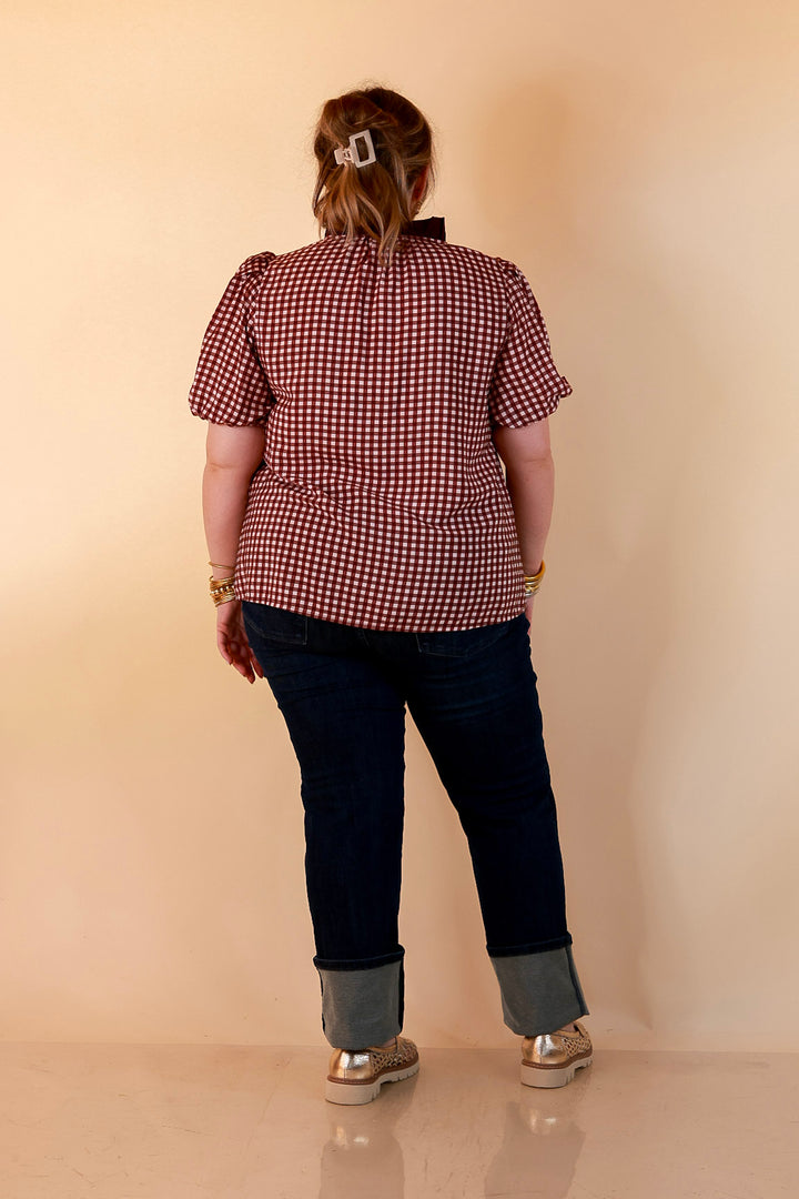 Check the Agenda Contrast V-Neck Button Detail Gingham Puff Sleeve Top in Maroon and Ivory