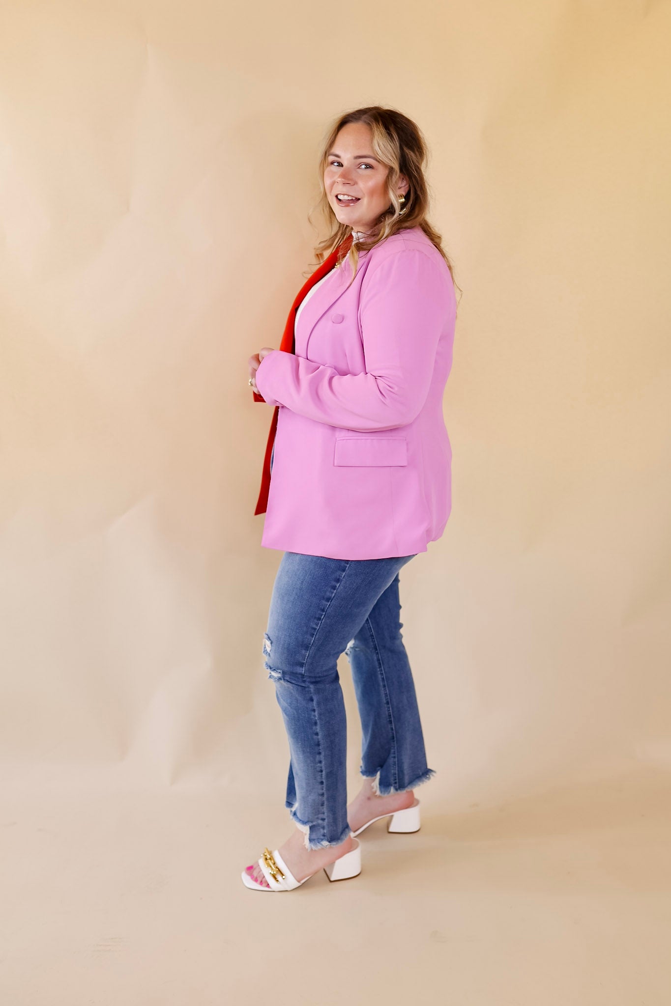 My Only Desire Color Block Button Up Blazer in Red and Pink - Giddy Up Glamour Boutique