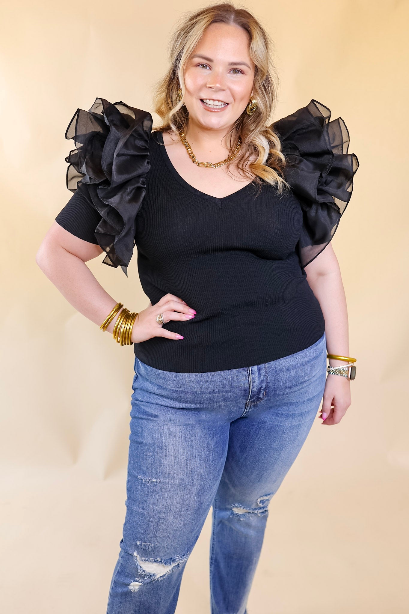 The Party Goes On Ribbed Fitted Top with Ruffle Sleeves in Black - Giddy Up Glamour Boutique