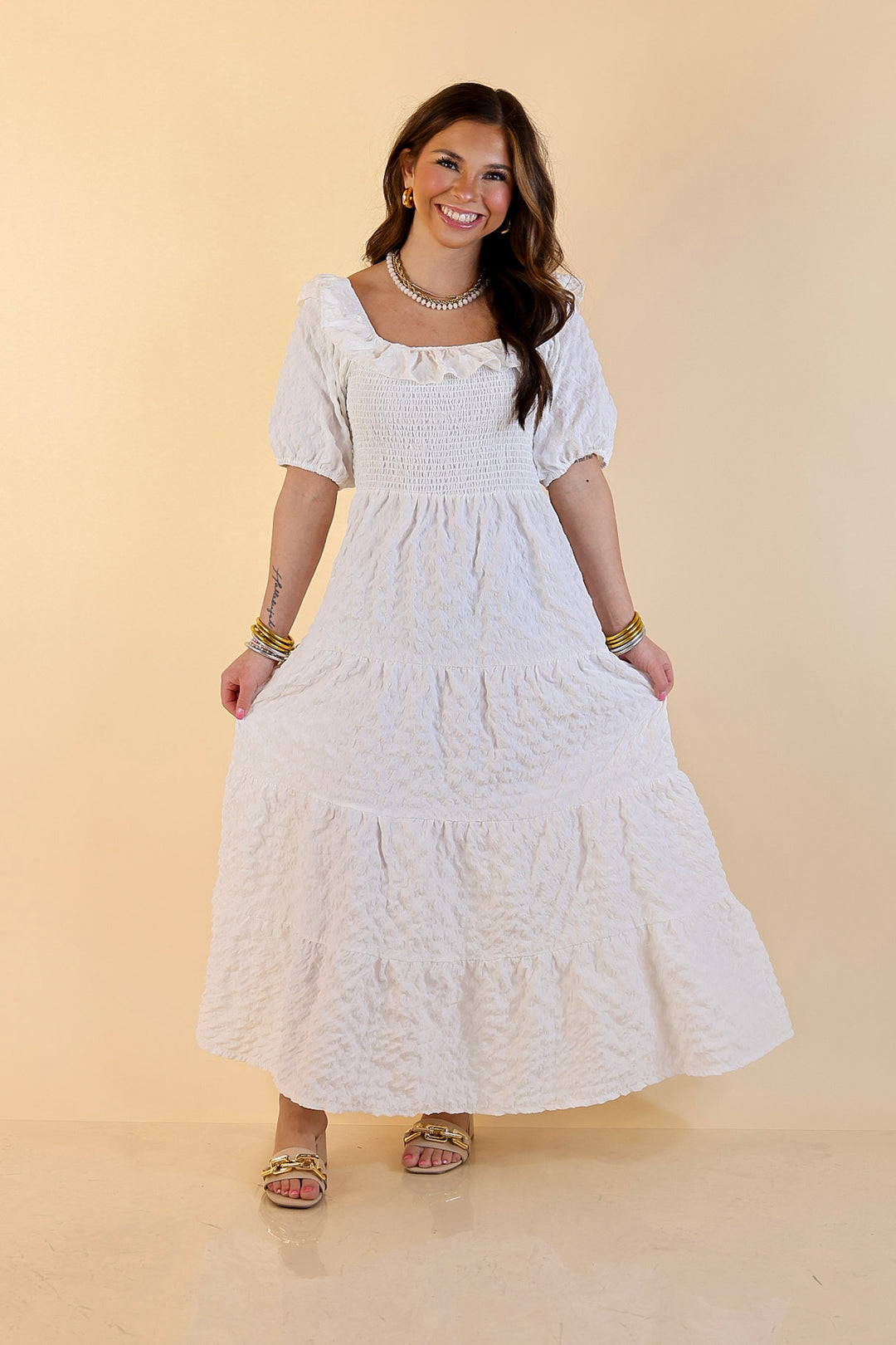 Simply Southern | Radiant Moment Textured Smocked Bodice Tiered Maxi Dress with Puff Sleeves in White